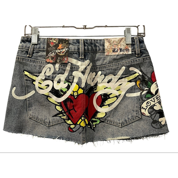 Ed Hardy Dresses & Skirts - Ed Hardy NWT Love Kills Slowly Size Small Denim Jean Mini Skirt Skull Heart Blue